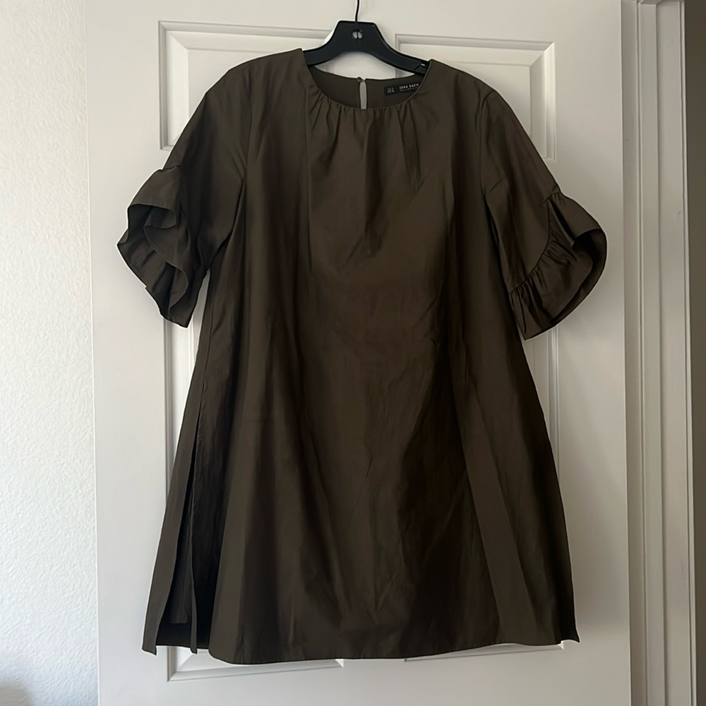 Zara Olive Army Green Ruffle Puff Sleeve Dress S with Skort underneath